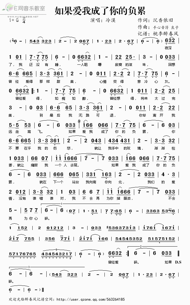 《如果爱我成了你的负累——冷漠（简谱）》吉他谱-C大调音乐网