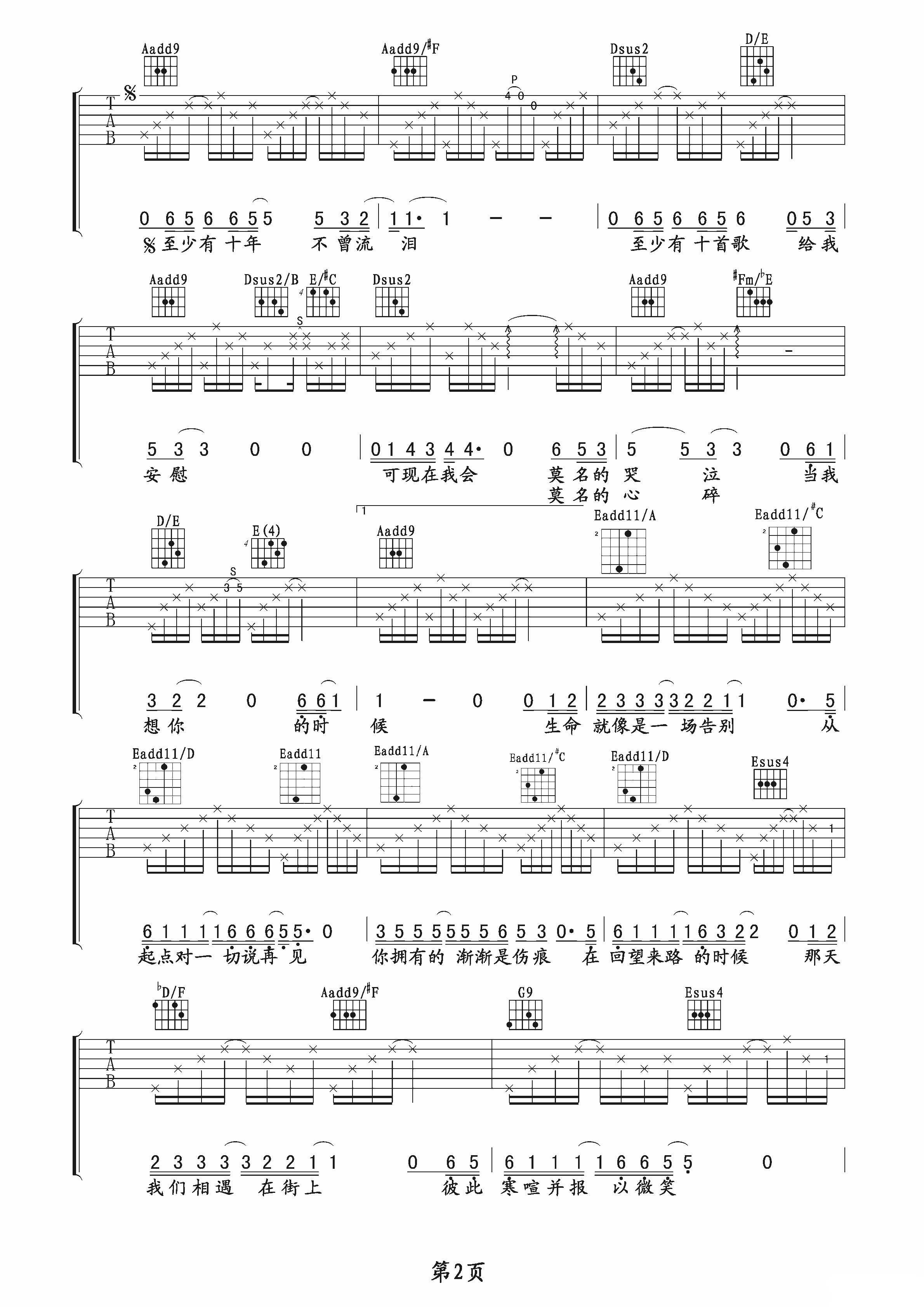 汪峰 当我想你的时候吉他谱 玩易吉他版-C大调音乐网