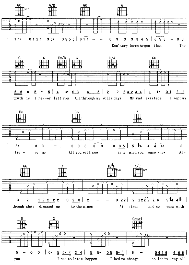 《阿根廷别为我哭泣(《贝隆夫人》主题歌)》吉他谱-C大调音乐网