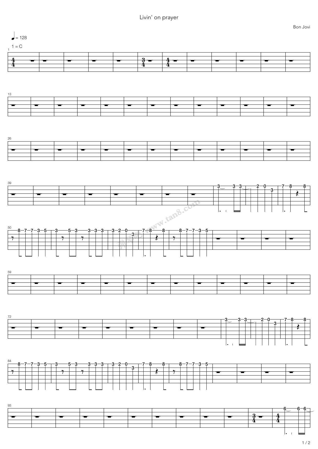 《Livin On A Prayer》吉他谱-C大调音乐网