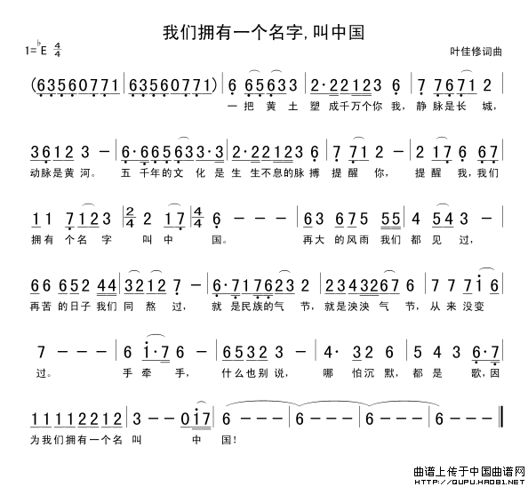 《我们拥有一个名字叫中国-张明敏(简谱)》吉他谱-C大调音乐网