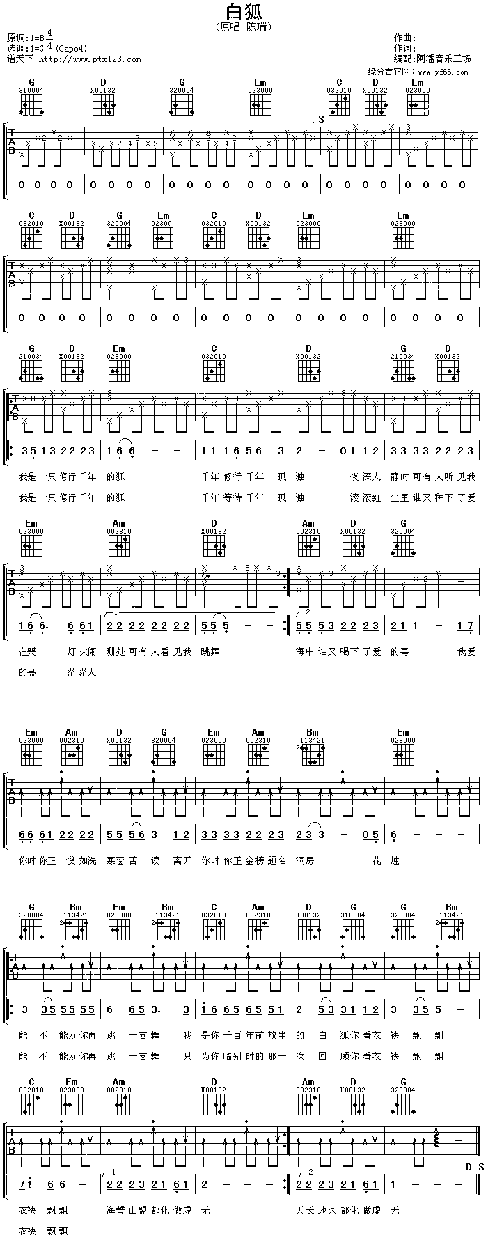 《白狐》吉他谱-C大调音乐网