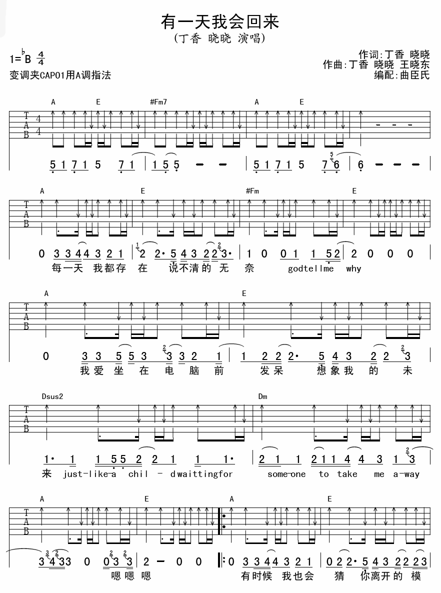 丁香&晓晓 有一天我会回来吉他谱-C大调音乐网