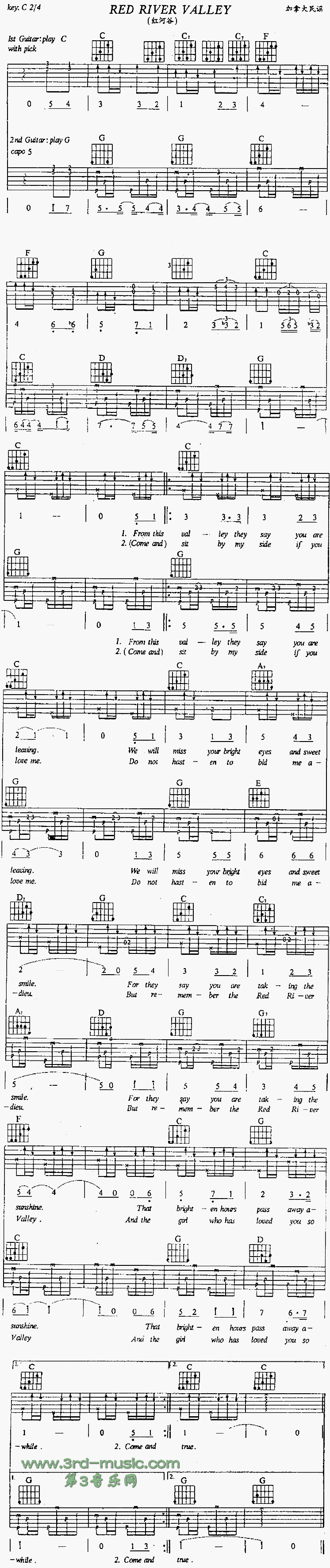 《Red River Valley 红河谷》吉他谱-C大调音乐网