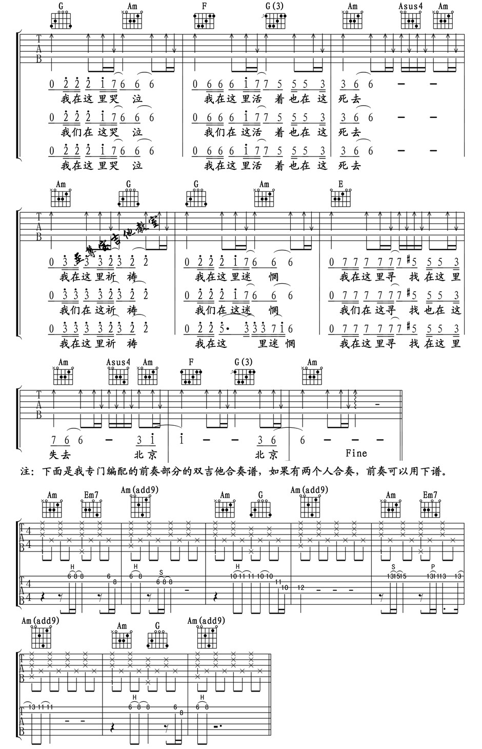 《汪峰北京北京吉他谱_北京北京C调吉他六线谱》吉他谱-C大调音乐网
