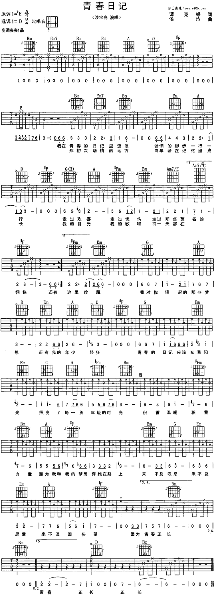 《青春日记》吉他谱-C大调音乐网