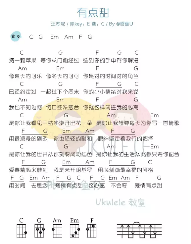 《有点甜》Ukulele曲谱（汪苏泷&BY2）-C大调音乐网