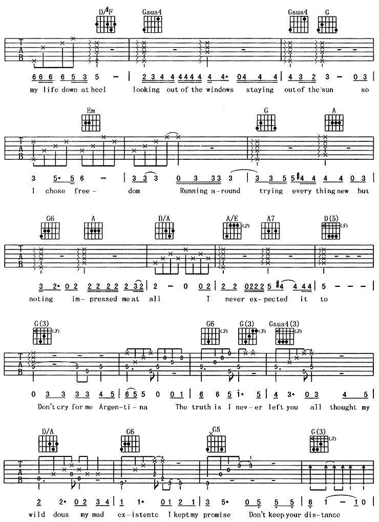 《阿根廷别为我哭泣(《贝隆夫人》主题歌)》吉他谱-C大调音乐网