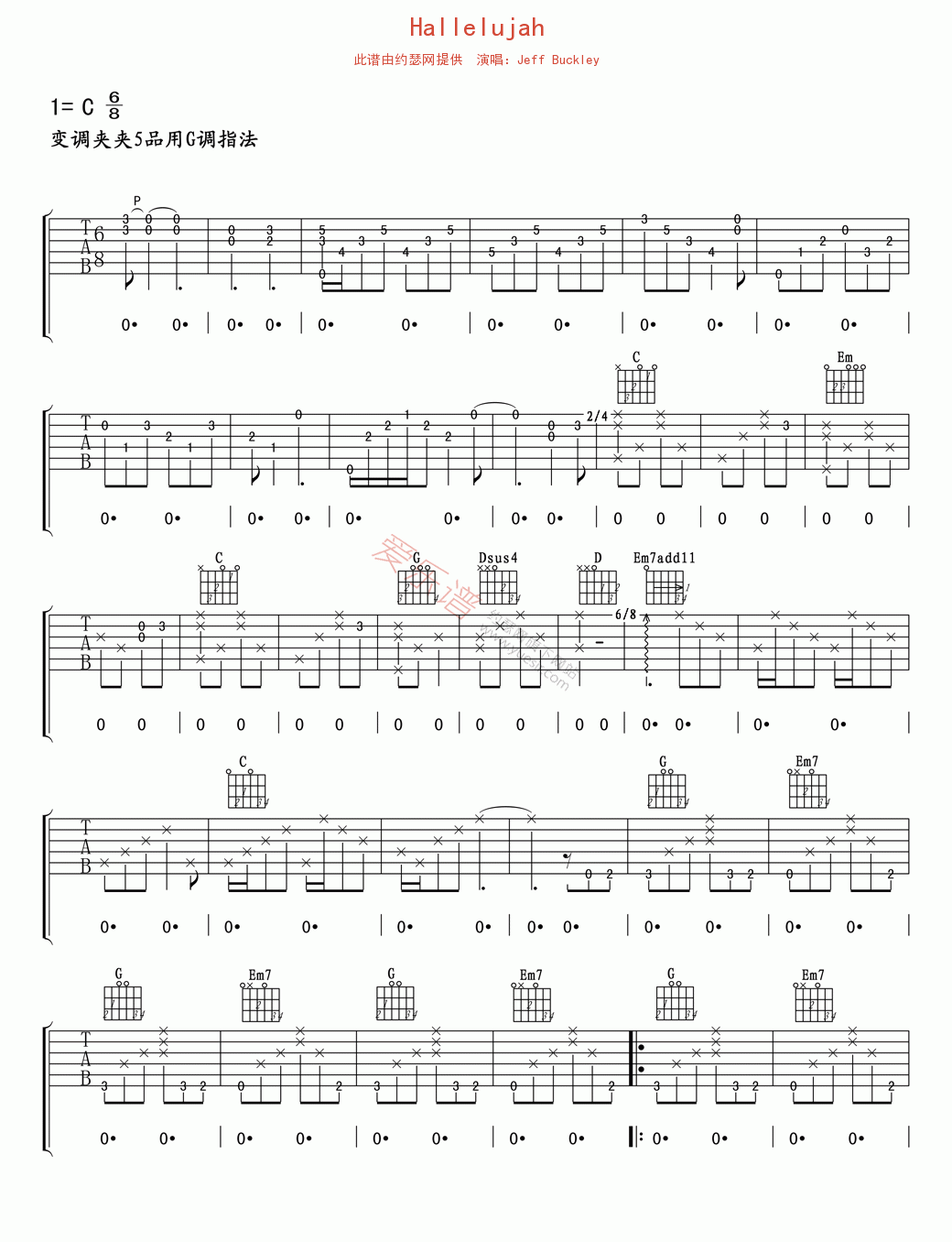 《Jeff Buckley《Hallelujah》》吉他谱-C大调音乐网