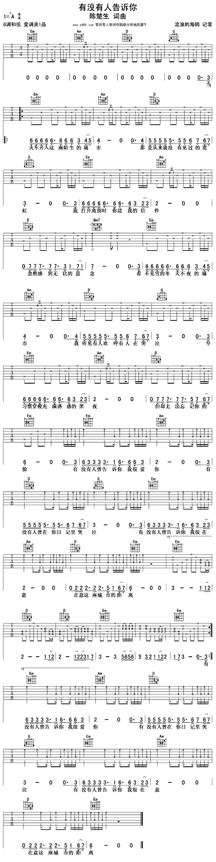 《有没有人曾告诉你 流行吉他谱--陈楚生》吉他谱-C大调音乐网