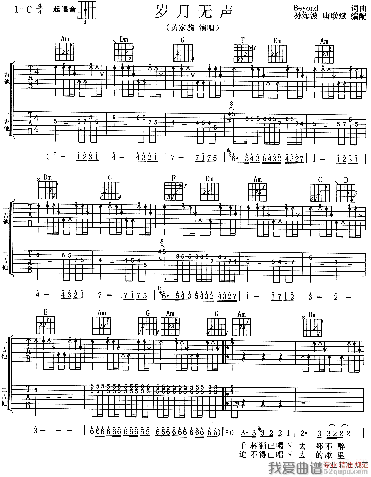 《岁月无声（Beyond 词曲）》吉他谱-C大调音乐网