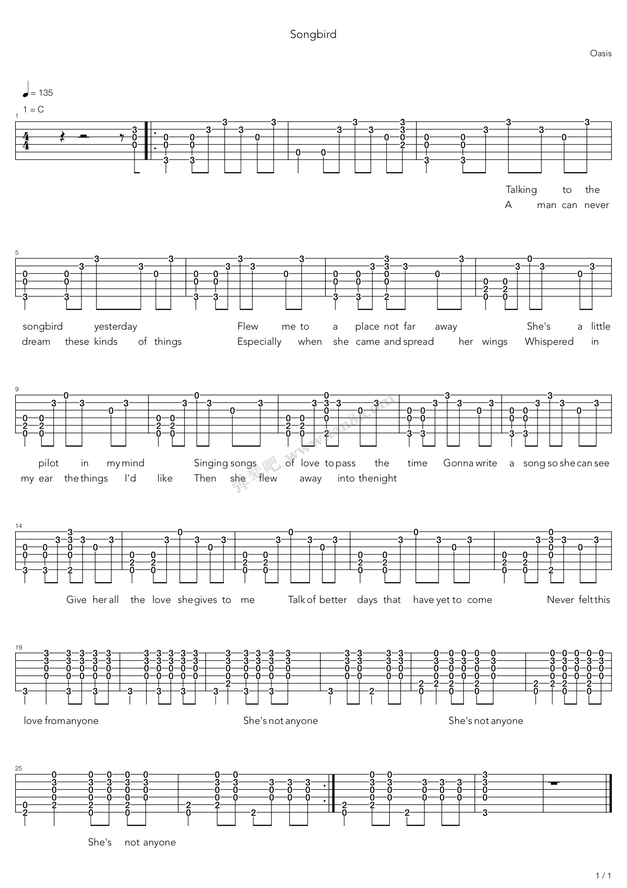 《Songbird》吉他谱-C大调音乐网
