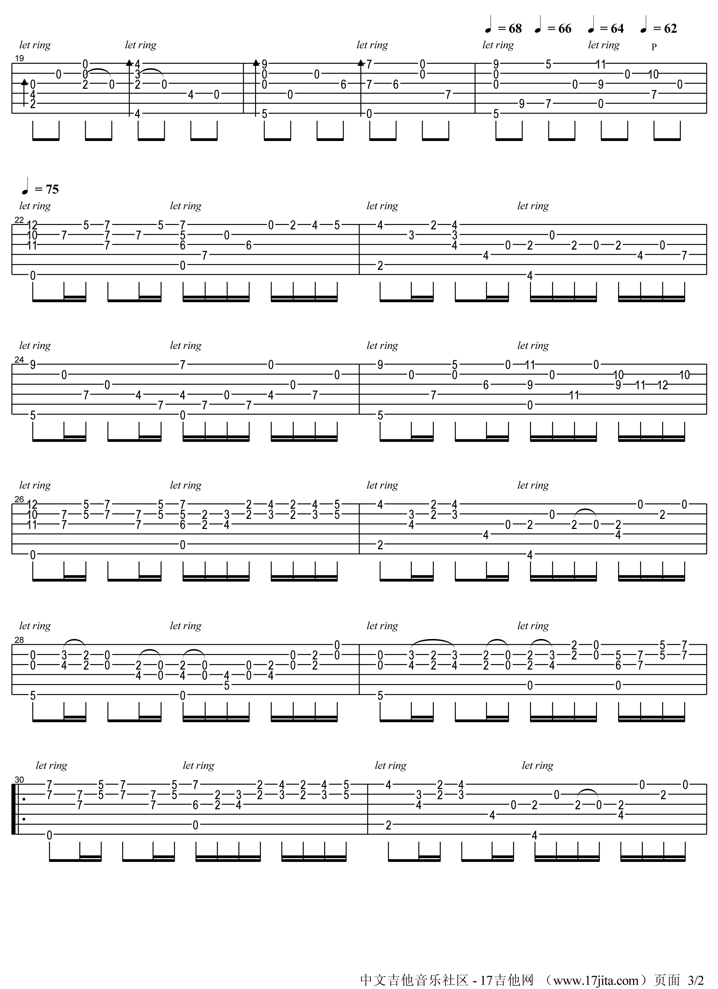 押尾桑卡农吉他谱-C大调音乐网