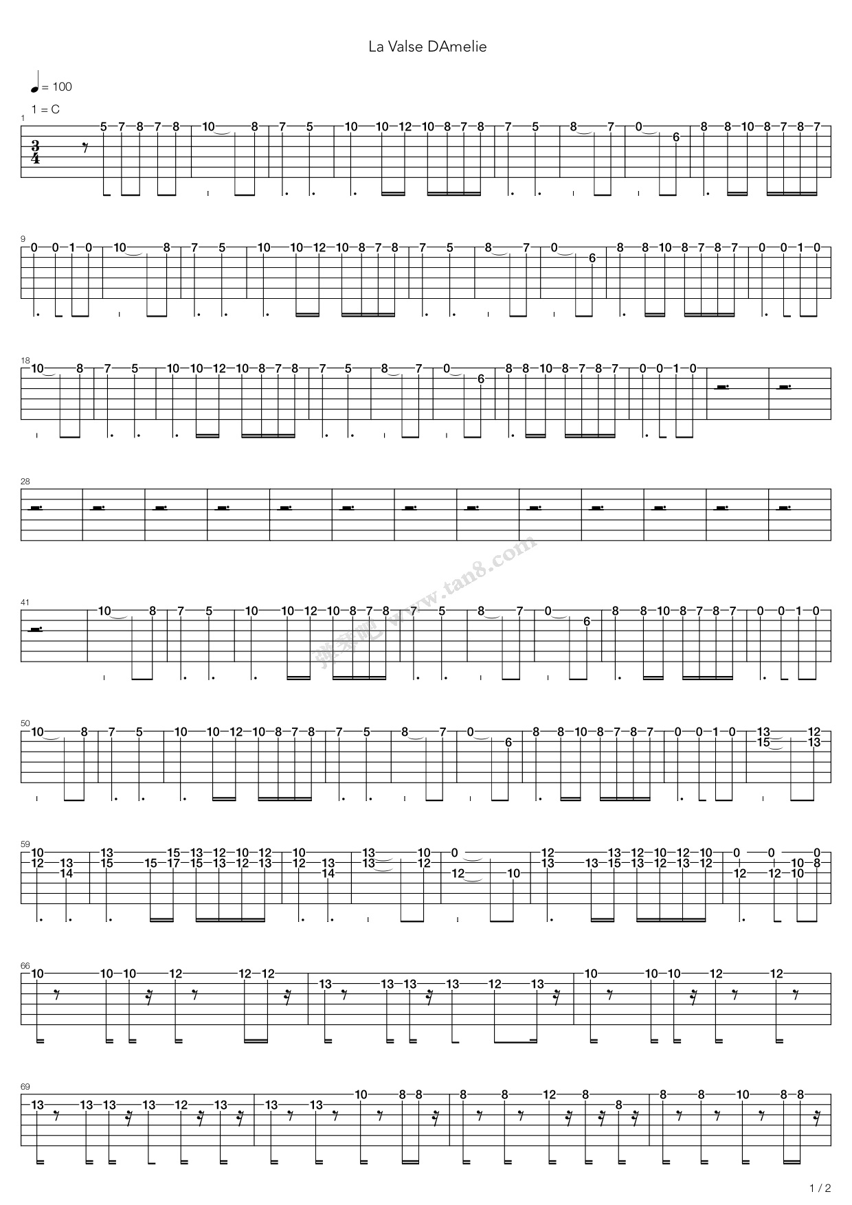 《La Valse d'Amélie(天使爱美丽)》吉他谱-C大调音乐网