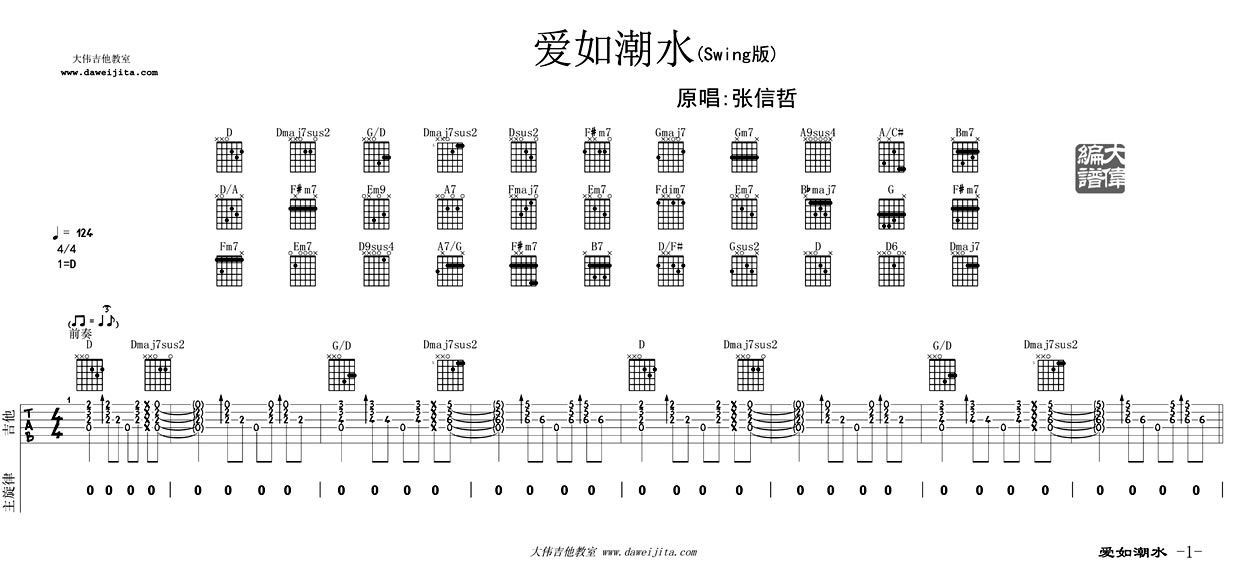 《爱如潮水吉他谱_张信哲六线谱吉他弹唱》吉他谱-C大调音乐网