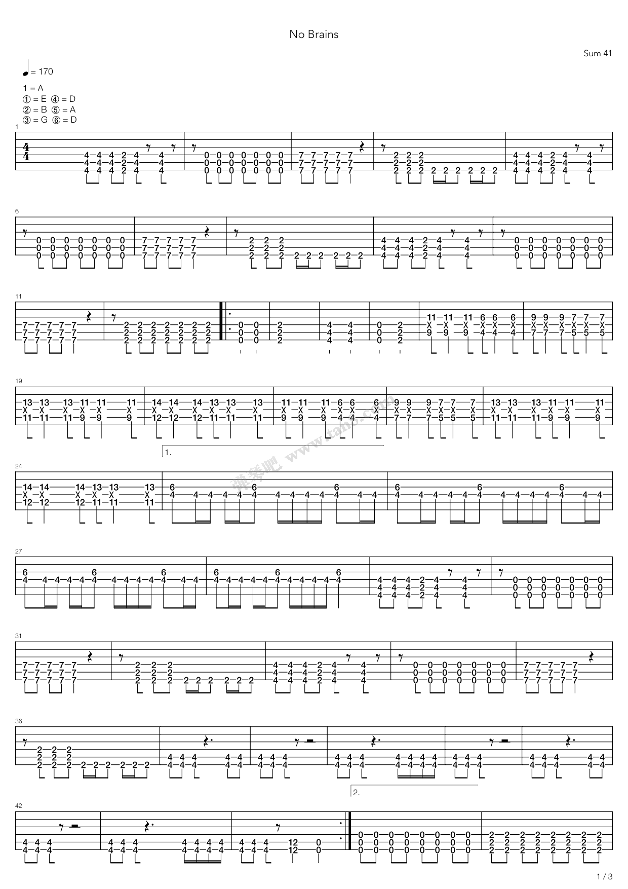 《No Brains》吉他谱-C大调音乐网