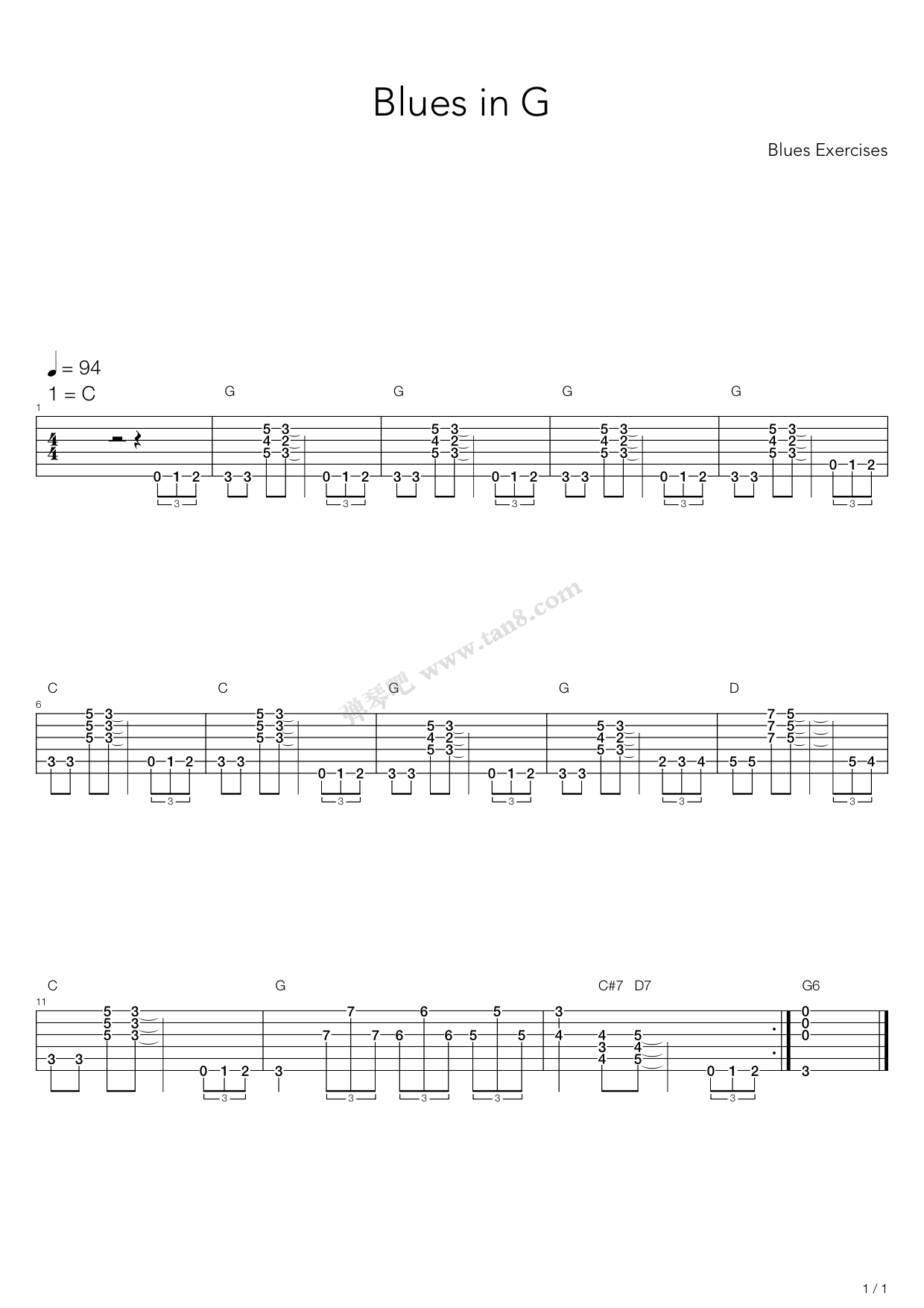 《布鲁斯练习 - Blues in G》吉他谱-C大调音乐网