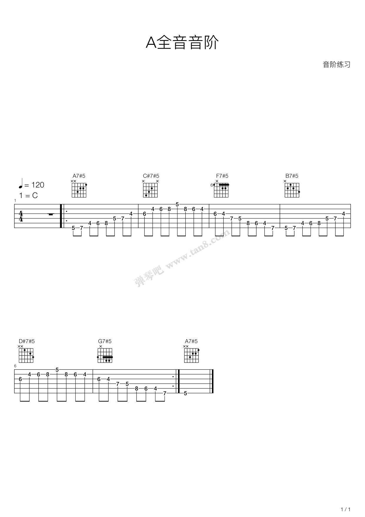 《木吉他华彩音阶练习 - A全音音阶》吉他谱-C大调音乐网