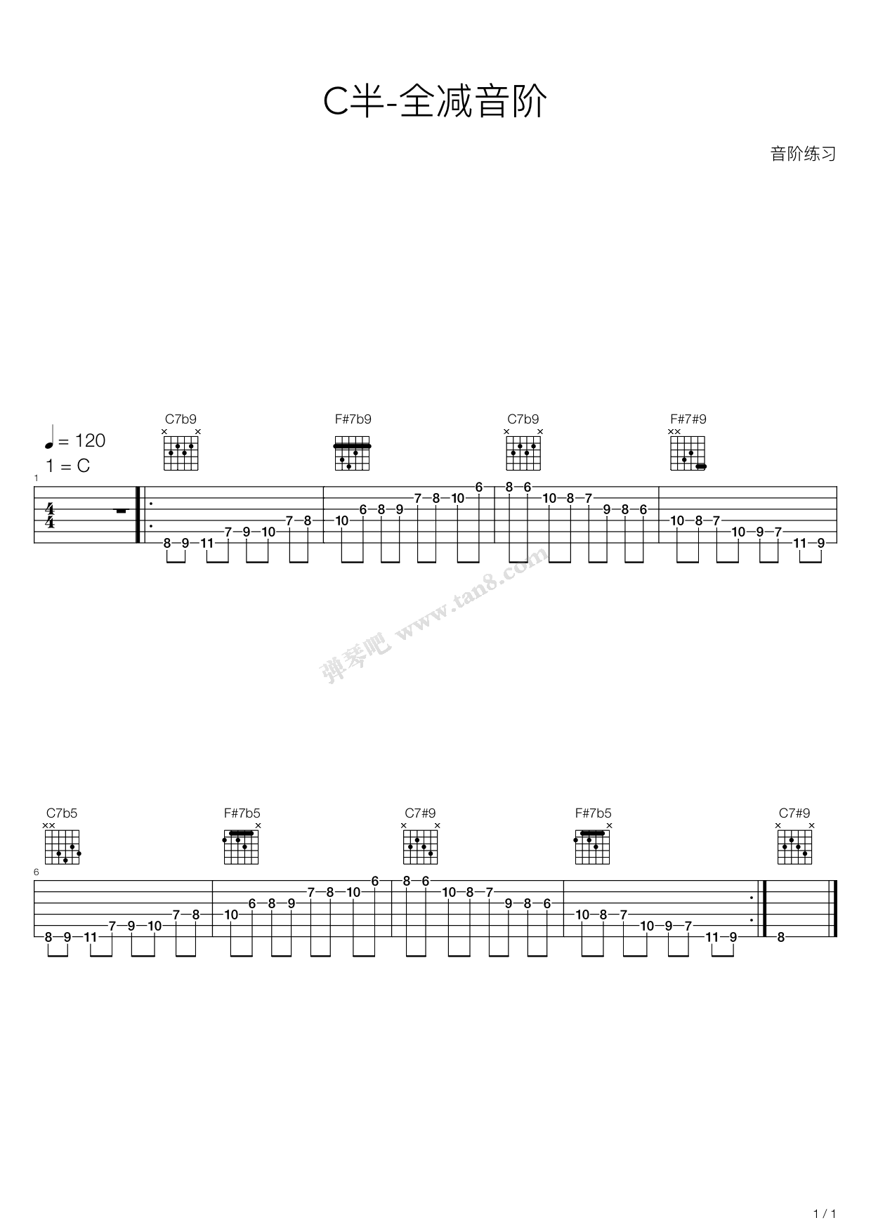 《木吉他华彩音阶练习 - C半-全减音阶》吉他谱-C大调音乐网