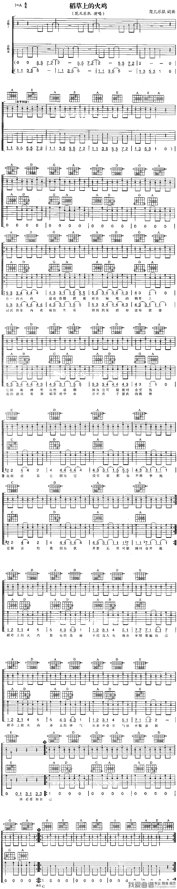 《花儿乐队 - 稻草上的火鸡吉他乐谱》吉他谱-C大调音乐网