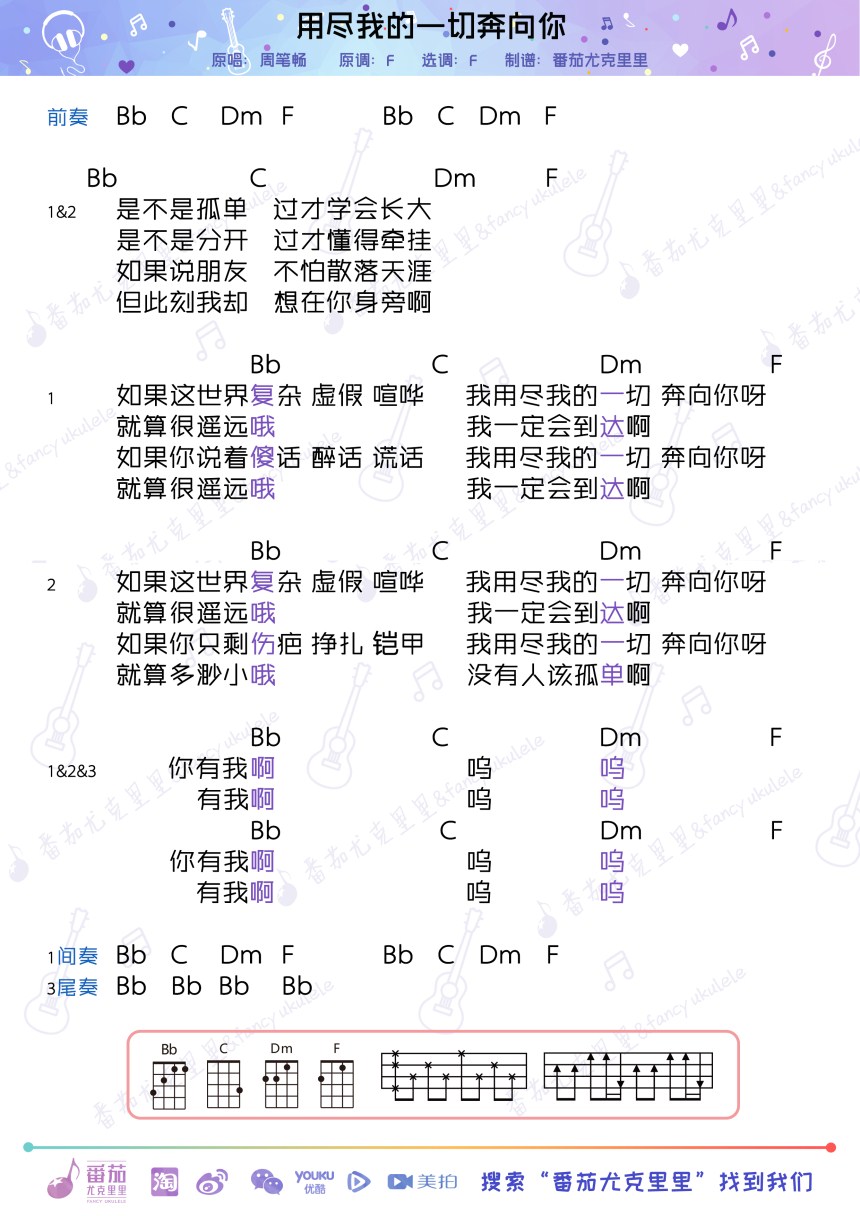 用尽我的一切奔向你-周笔畅 尤克里里谱-C大调音乐网