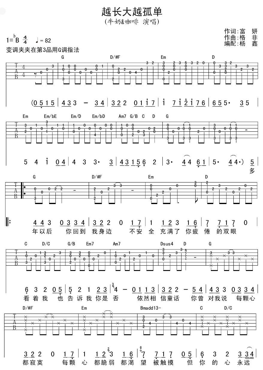 牛奶咖啡 越长大越孤单吉他谱-C大调音乐网