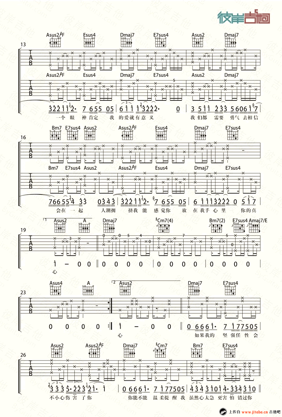 《勇气吉他谱_梁静茹_A调吉他弹唱六线谱》吉他谱-C大调音乐网