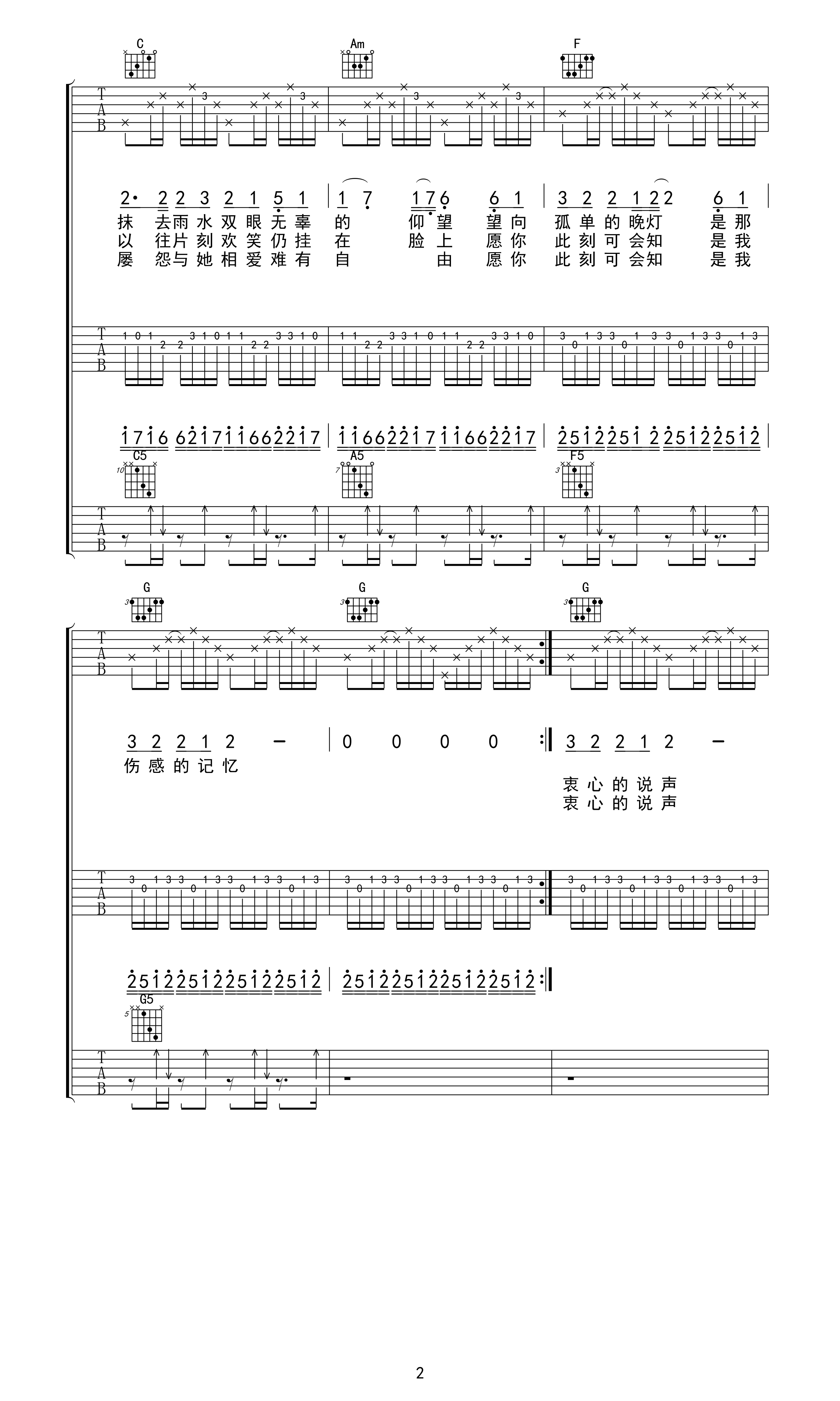 beyond 喜欢你高清吉他谱-C大调音乐网