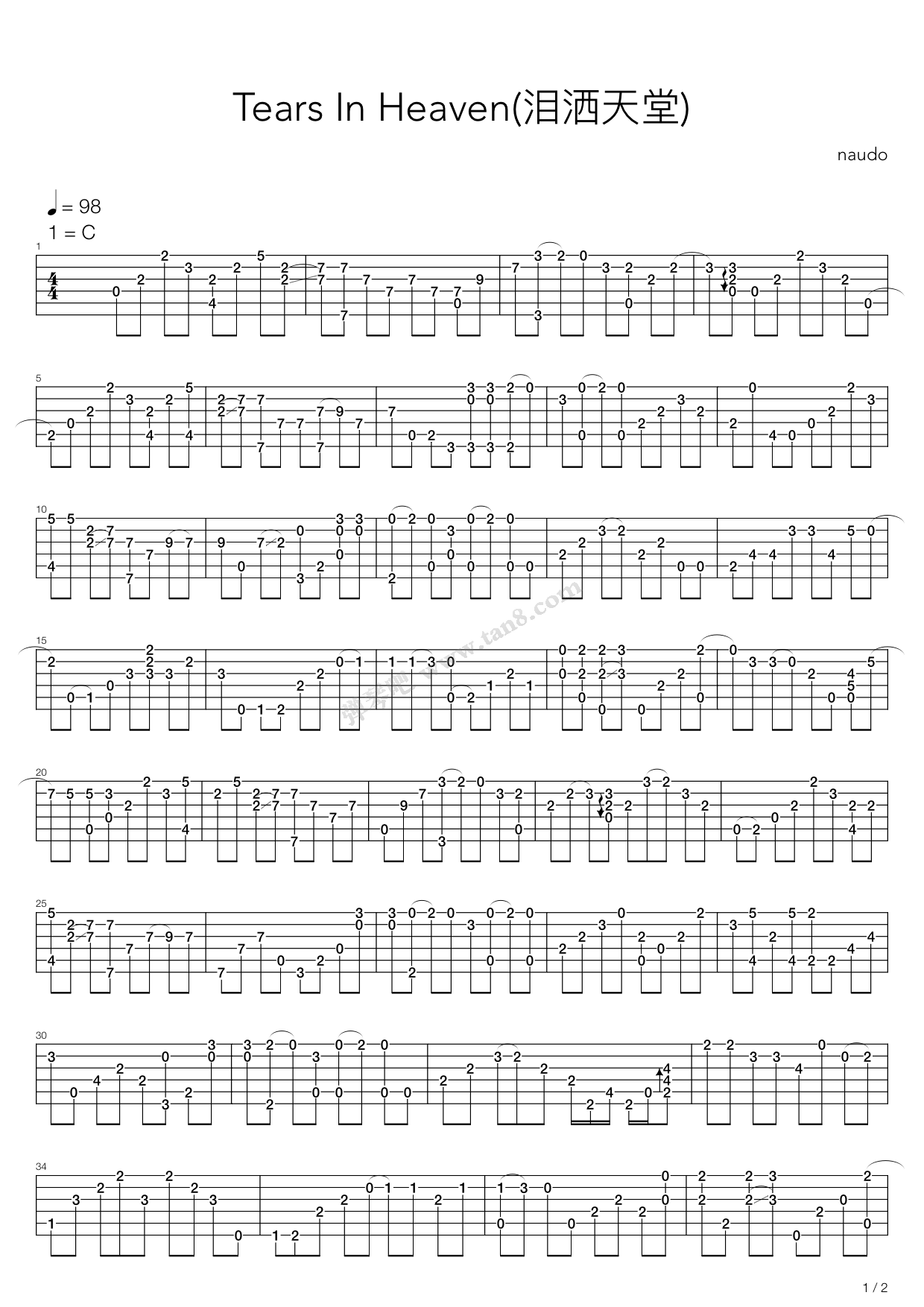 《Tears In Heaven(泪洒天堂)》吉他谱-C大调音乐网