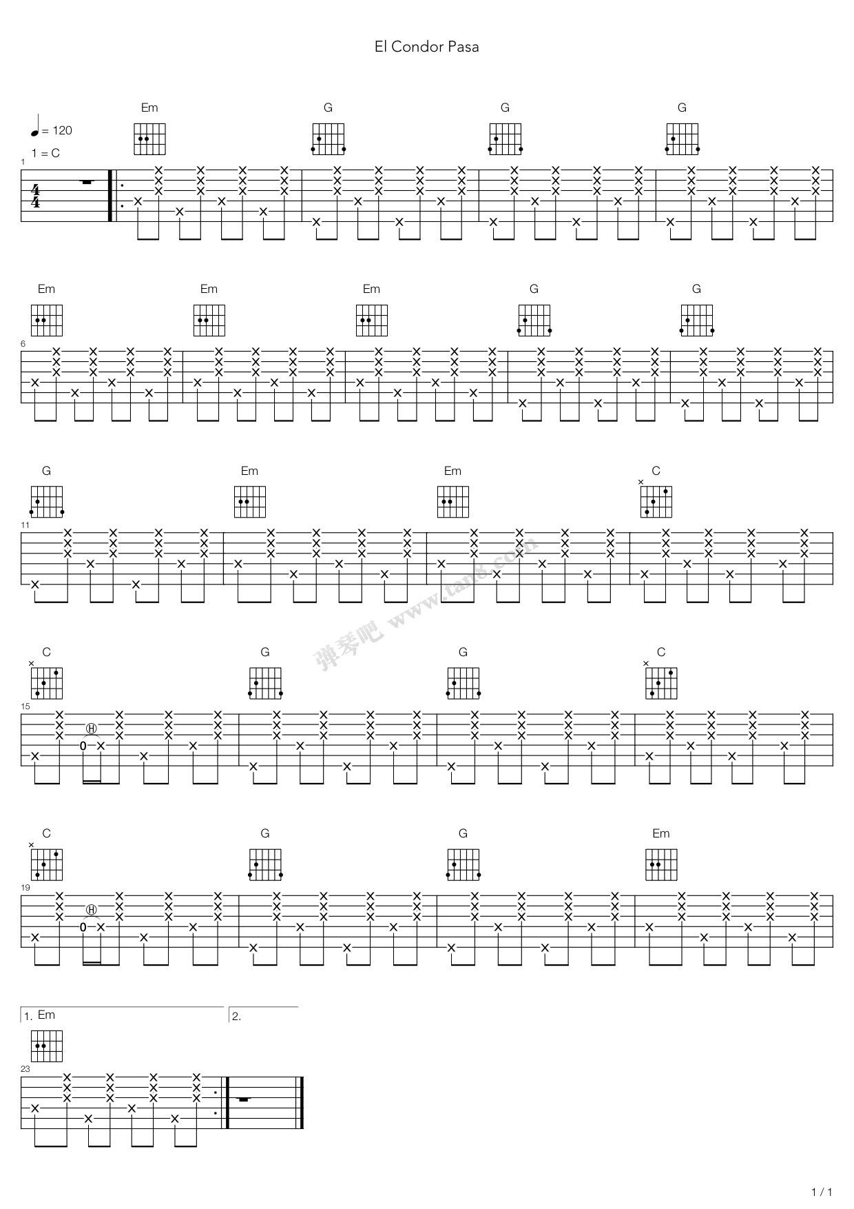 《El Condor Pasa (山鹰之歌)》吉他谱-C大调音乐网