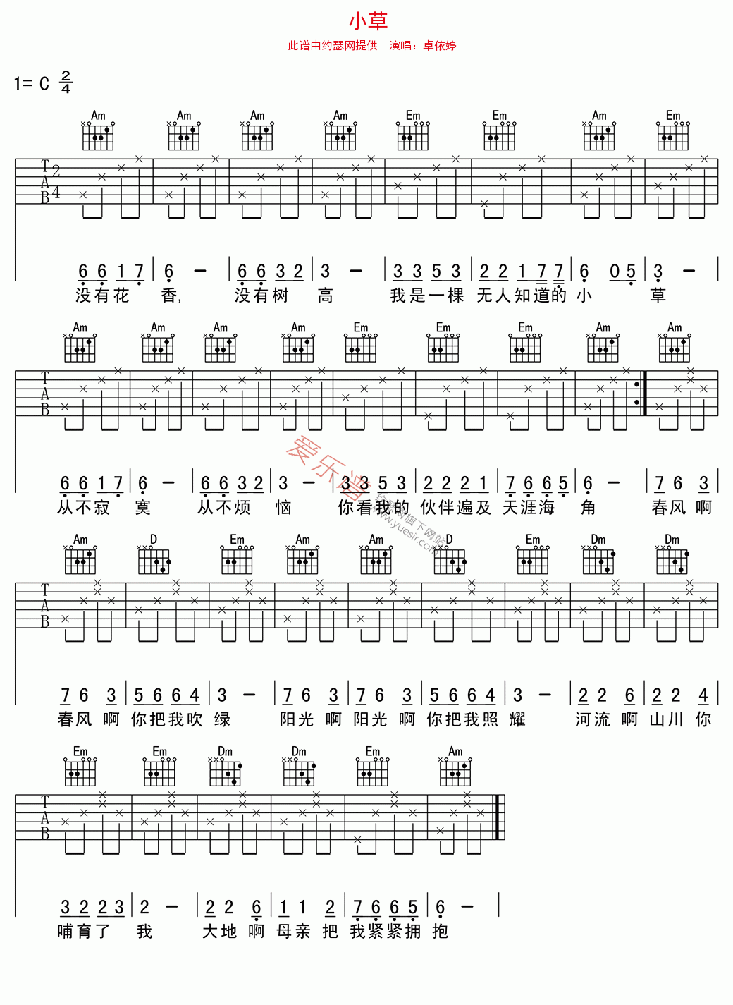 《卓依婷《小草》》吉他谱-C大调音乐网