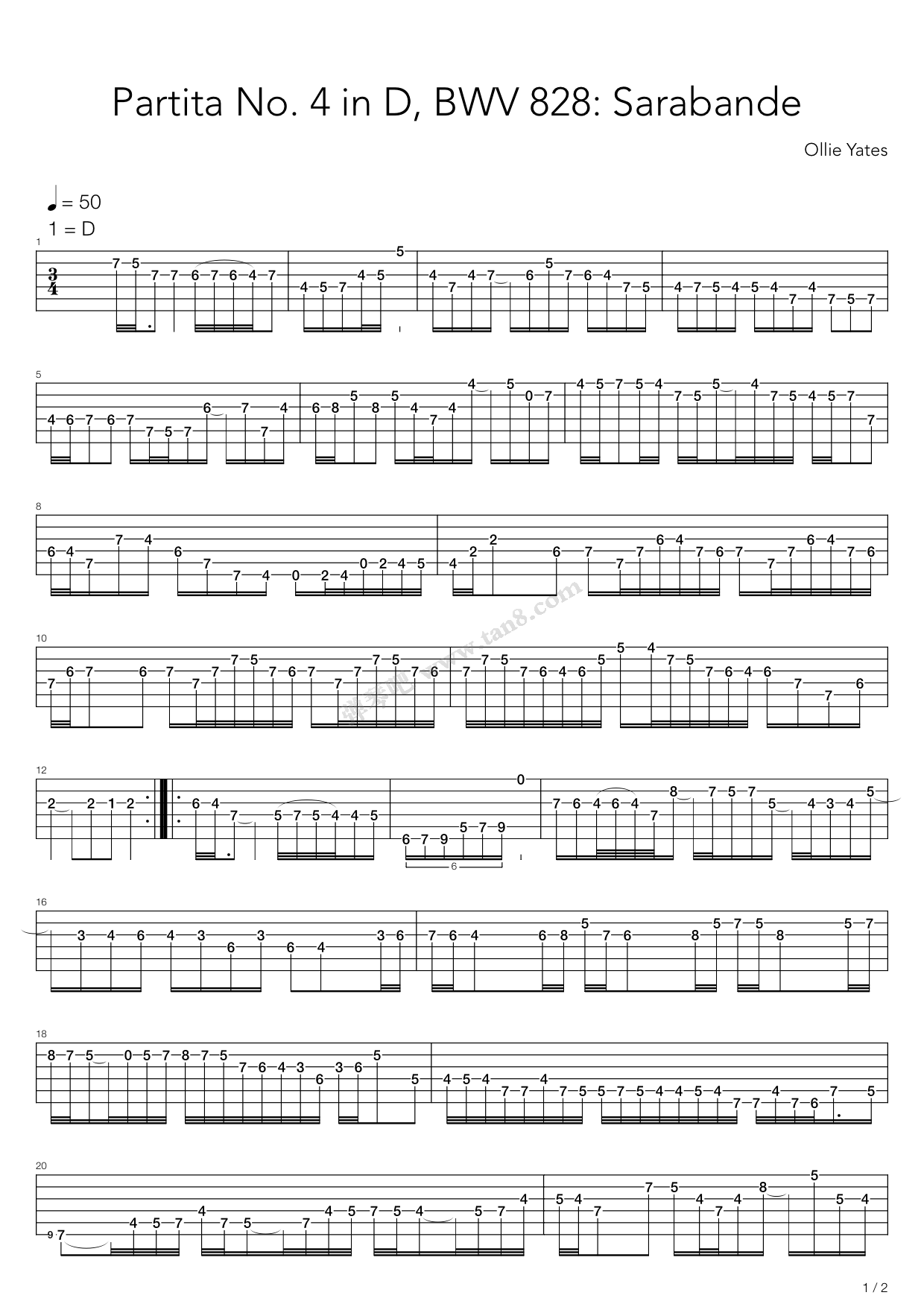 《Partita No 4 In D Bwv 828 Sarabande》吉他谱-C大调音乐网