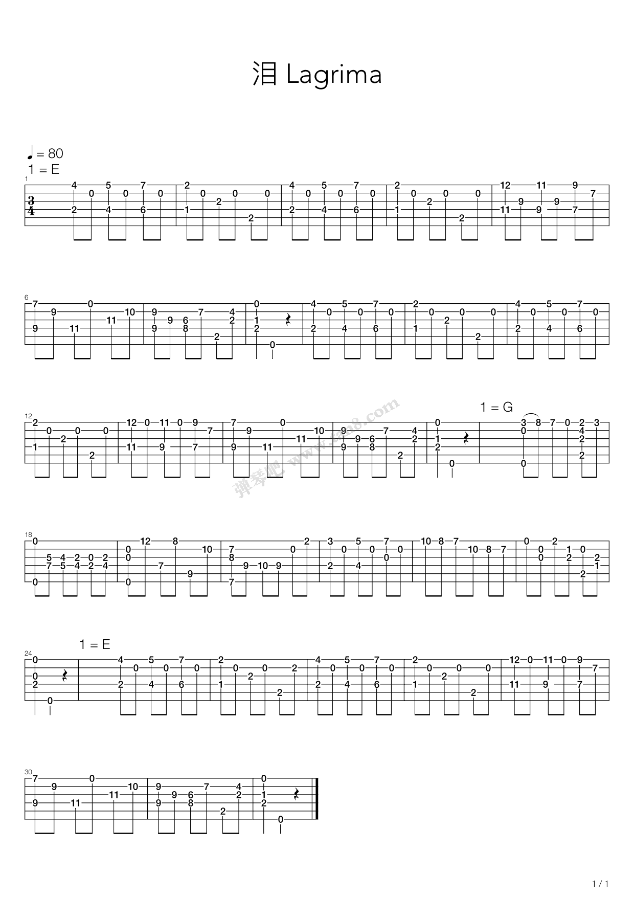《Lagrima》吉他谱-C大调音乐网
