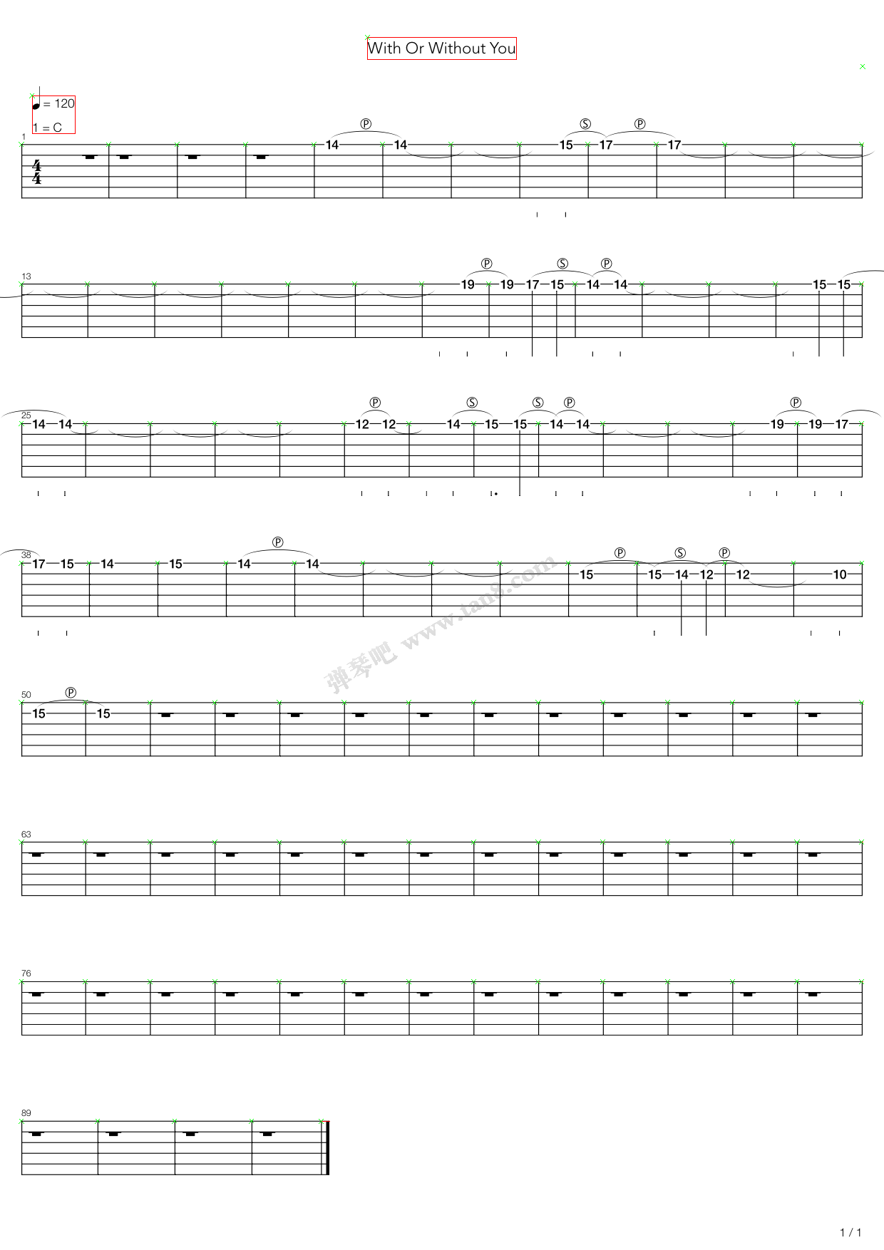 《With Or Without You》吉他谱-C大调音乐网