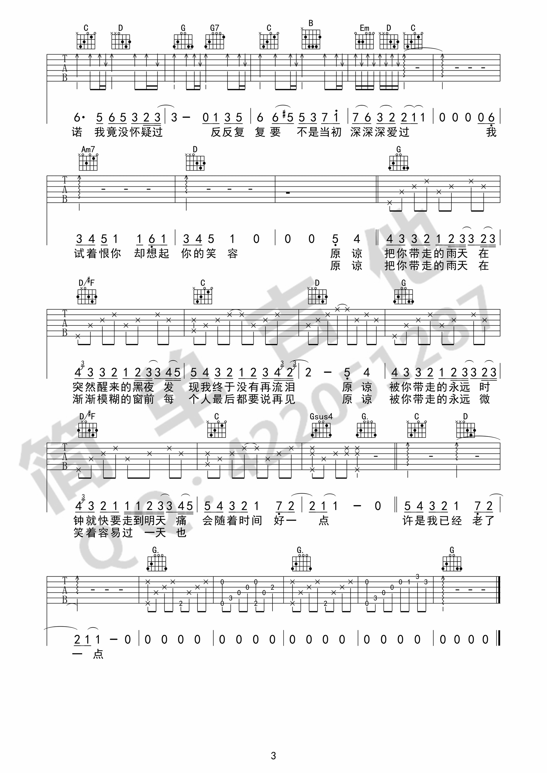 《原谅》吉他谱 张玉华 C调完美弹唱谱 西安简单吉他编配-C大调音乐网