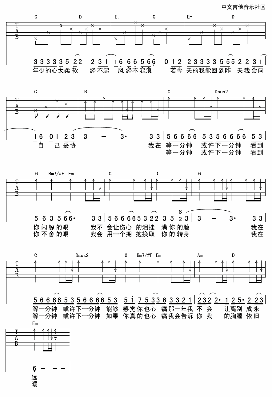 徐誉滕 等一分钟吉他谱-C大调音乐网