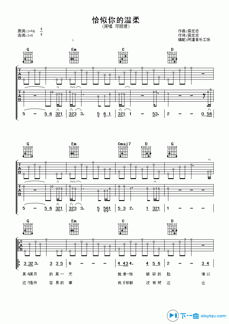 《恰似你的温柔吉他谱G调_邓丽君恰似你的温柔六线谱》吉他谱-C大调音乐网