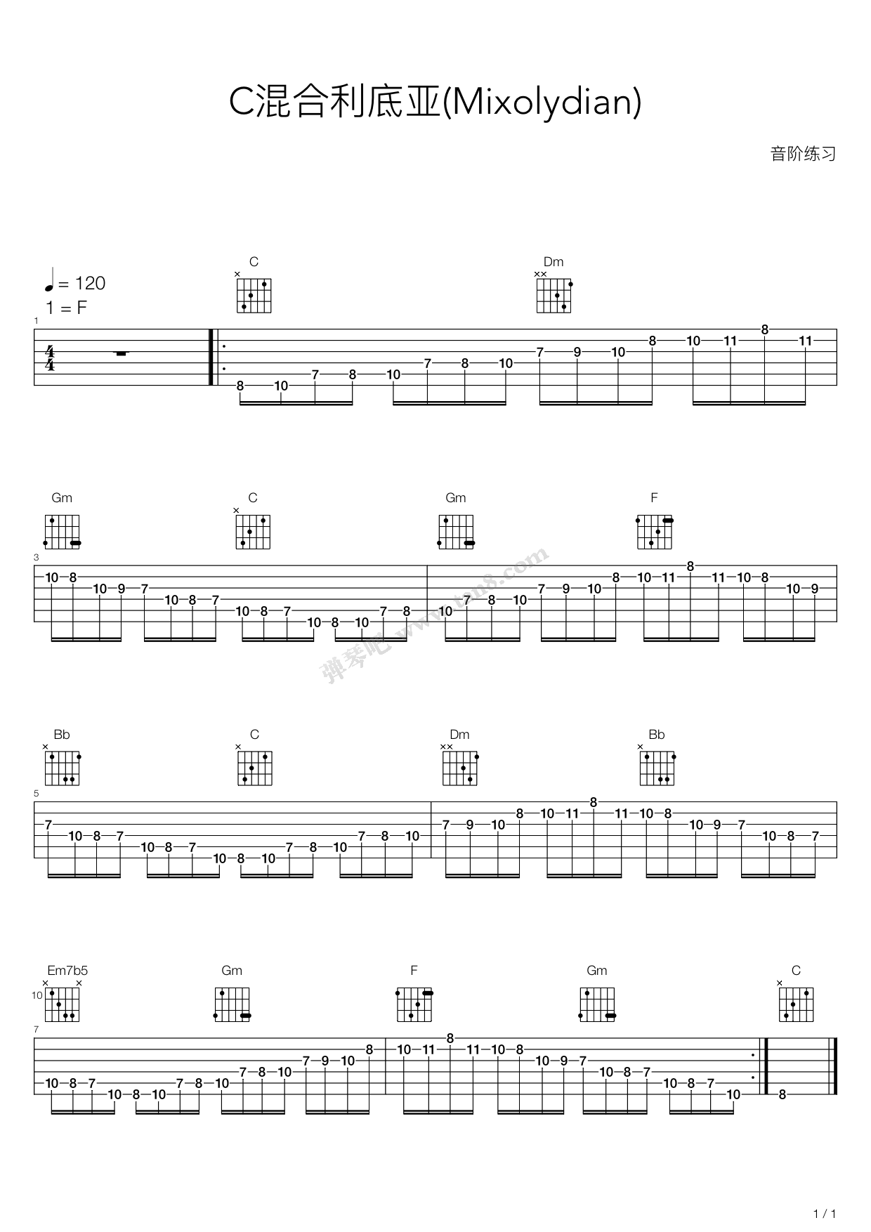 《木吉他华彩音阶练习 - C混合利底亚(Mixolydian) ...》吉他谱-C大调音乐网