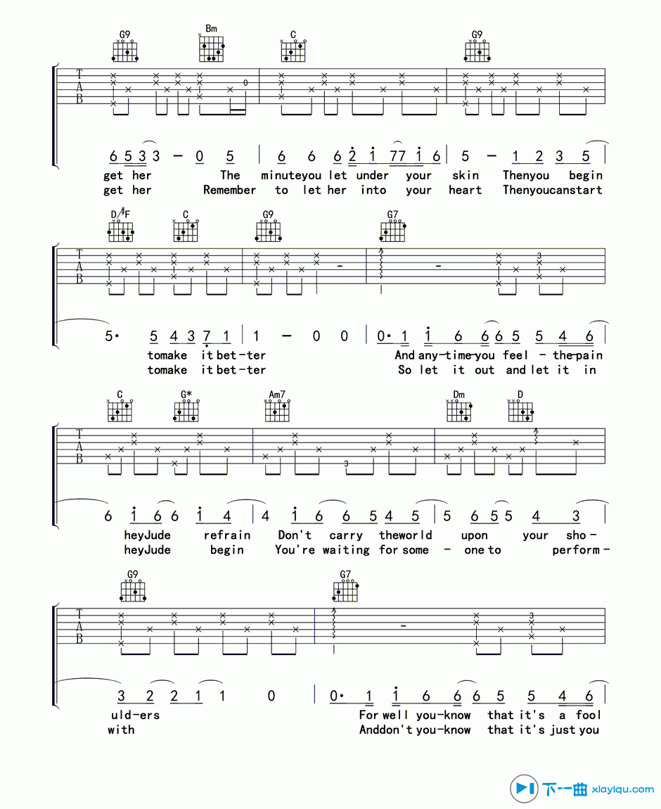 《hey jude吉他谱A调_孙燕姿hey jude吉他六线谱》吉他谱-C大调音乐网