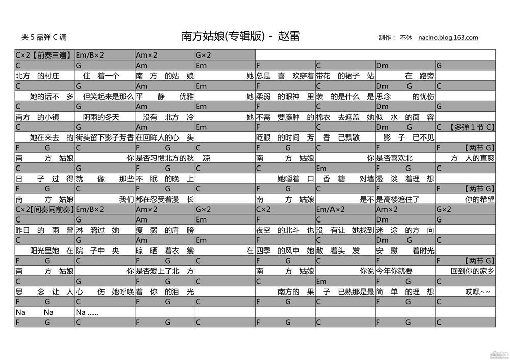 南方姑娘-赵雷-C大调音乐网