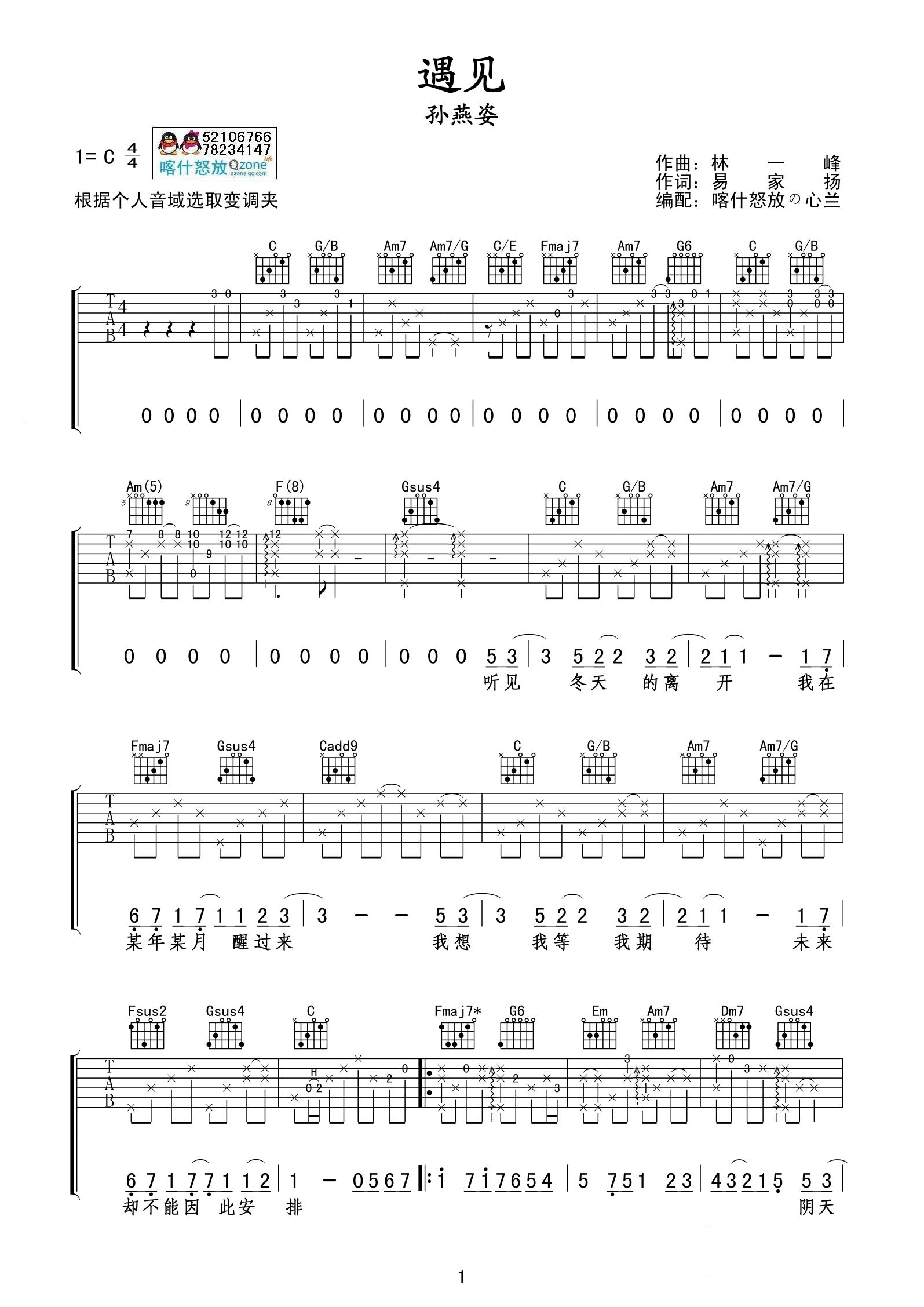 《孙燕姿《遇见》吉他谱 C调最好的版本》吉他谱-C大调音乐网