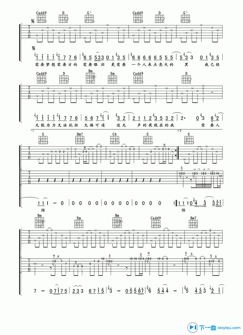 《需要人陪吉他谱F调_王力宏需要人陪吉他六线谱》吉他谱-C大调音乐网