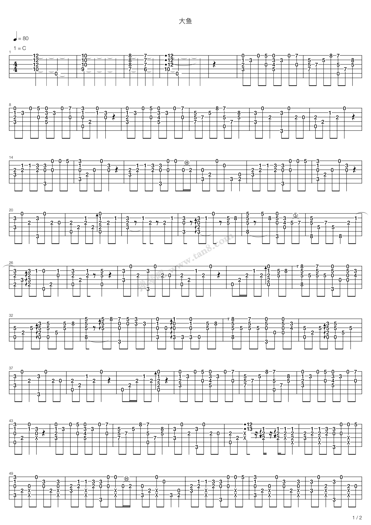 《大鱼 指弹改编大鱼海棠 by 吕宏航》吉他谱-C大调音乐网