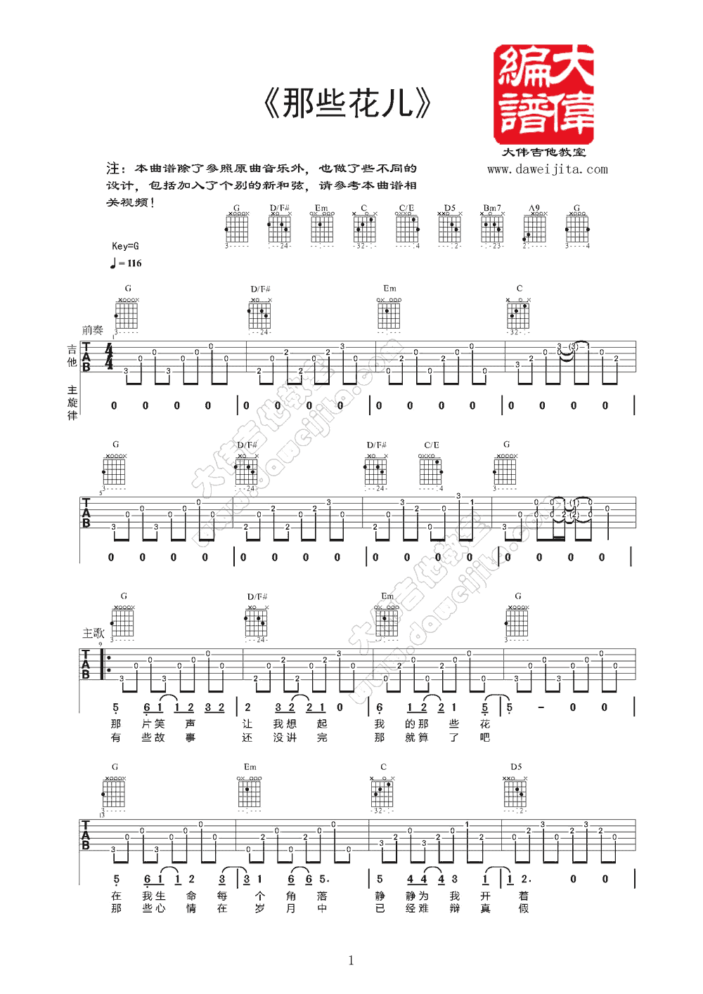 范玮琪 那些花儿吉他谱 大伟吉他男生版-C大调音乐网