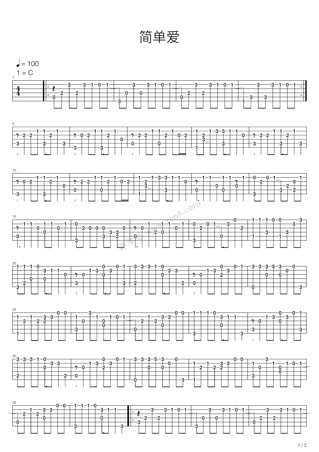 《简单爱》吉他谱-C大调音乐网