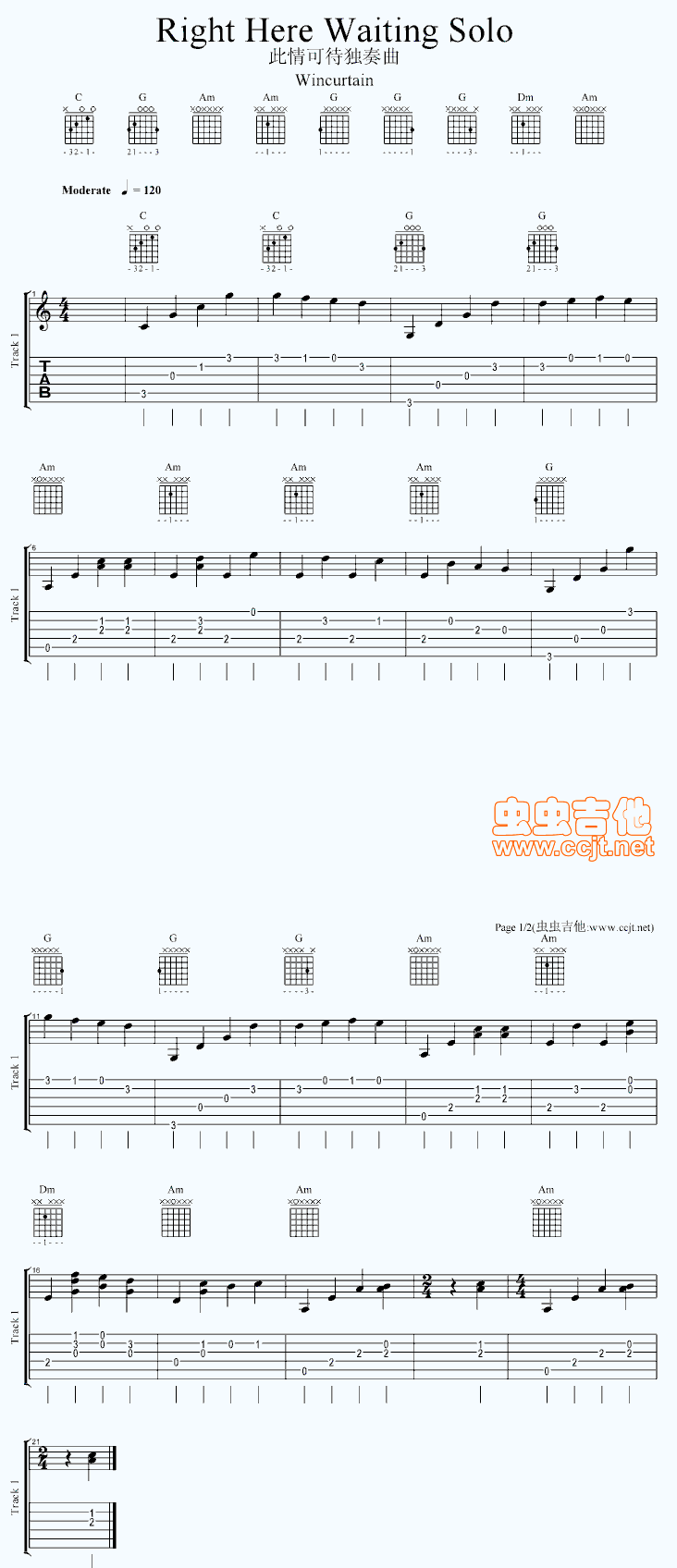 《Right Here Waiting 独奏》吉他谱-C大调音乐网
