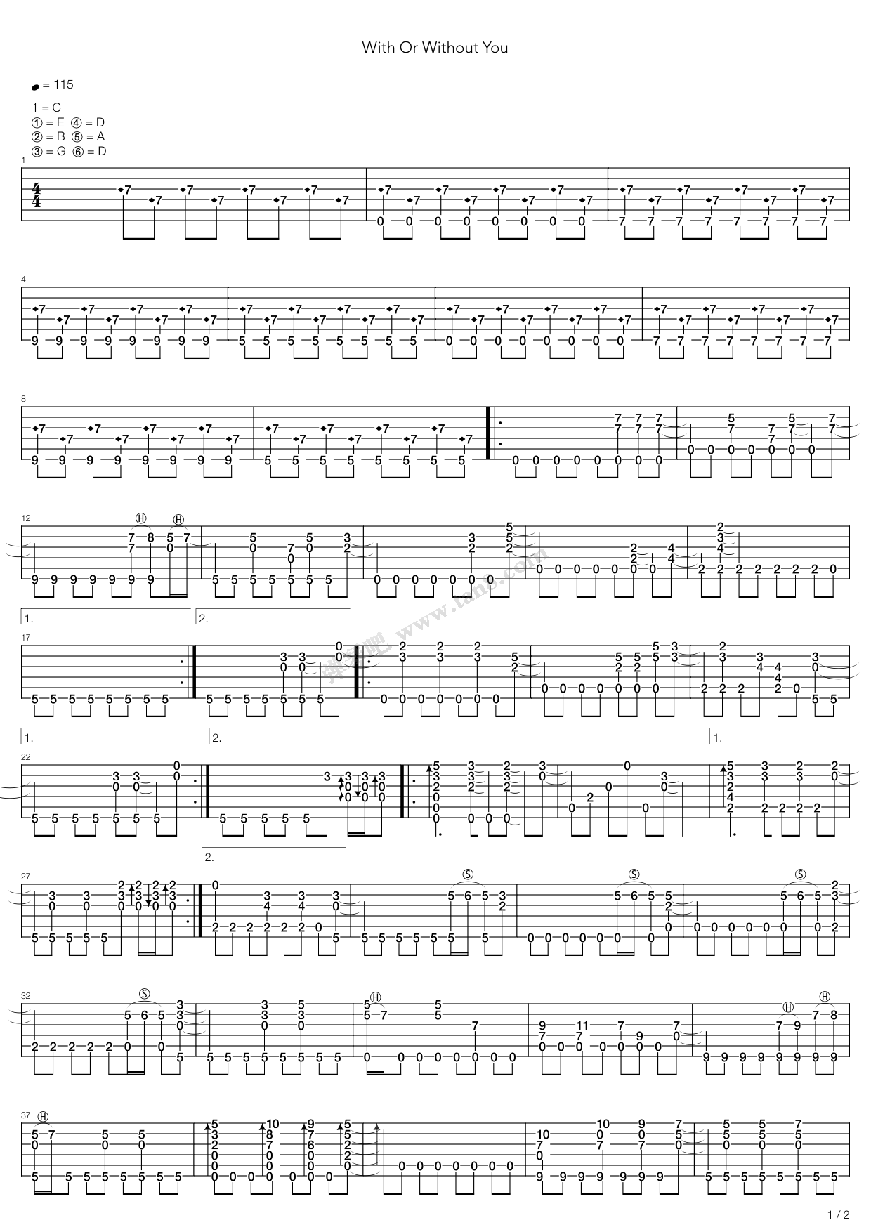 《With Or Without You》吉他谱-C大调音乐网