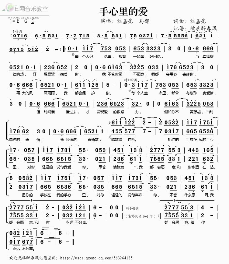 《手心里的爱——刘嘉亮 马郁（简谱）》吉他谱-C大调音乐网