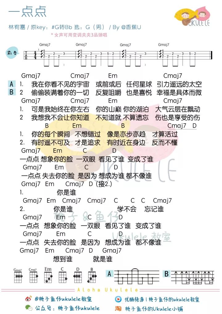 林宥嘉 / 吴青峰 •「一点点」 尤克里里弹唱谱 – 桃子鱼仔-C大调音乐网