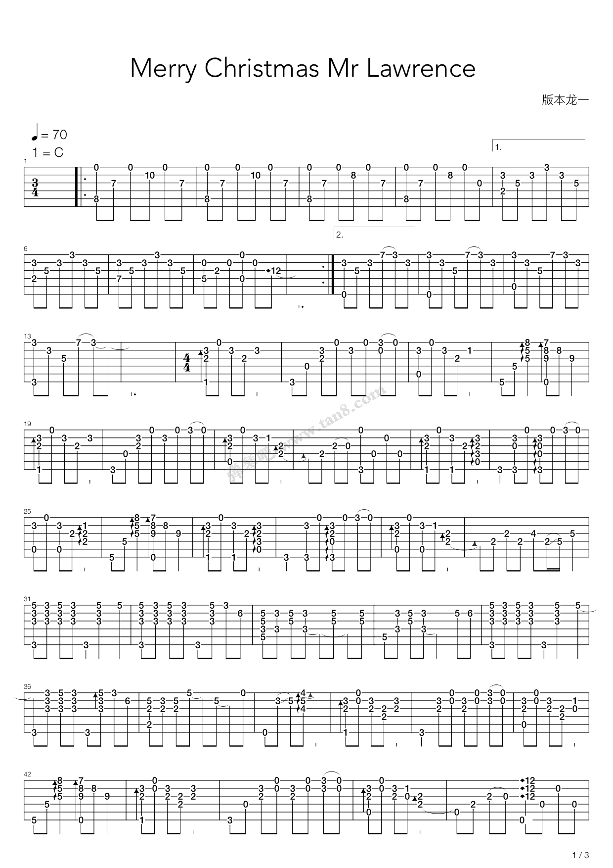 《Merry Christmas（Mr.Lawrence，武士桑）》吉他谱-C大调音乐网